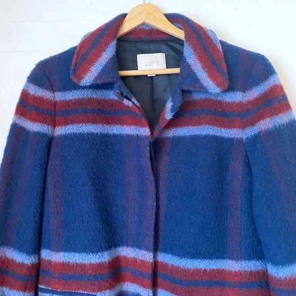 Loft Blue Red Plaid Stripe Wool Coat X-Small - Picture 5 of 8